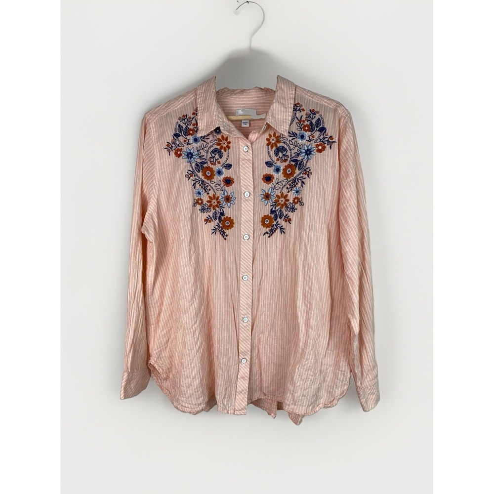 Sonoma Women's PXL Peach Striped Floral Embroidered Long Sleeve Button Up Shirt